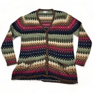 Vintage Folk Pattern Ramie Cotton Knit Cardigan Sweater Women’s L